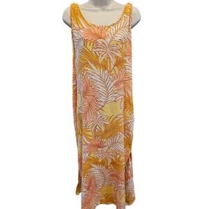Tahari size L 100% linen colorful pocket maxi dress floral bright side slit EUC